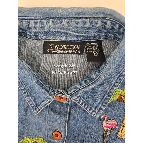Vintage 90's New Direction Denim Shirt – Flamingo & Palm Tree Embroidery - Picture 2 of 6